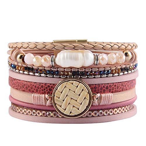 GelConnie Baroque Pearl Leather Wrap Around Bracelet Multi Strand Boho Bracelets Magnetic Cuff Bracelets Bohemian Jewelry for Women, Daughter, Sister LPB309-Pink