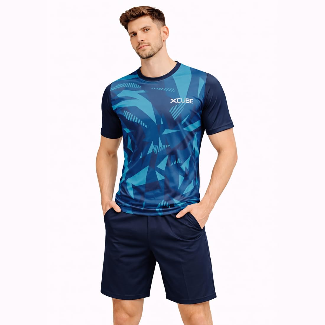 xcube Men's Sports Jersey Set, Sublimation Graphic Print T-shirt with Shorts, Navy Blue Gymwear/Sportswear-picture-54