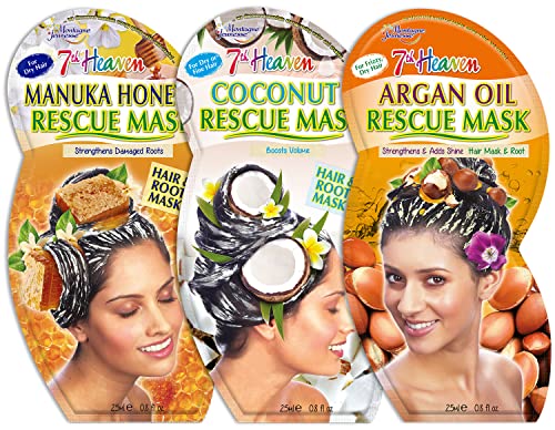 7TH HEAVEN HAIR THERAPY BUNDLE 코코넛 마누카 꿀과 아르간 오일 헤어 레스큐 마스크로 손상된 뿌리의 볼륨을 강화하고 윤기를 더해줍니다.