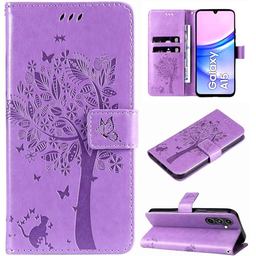 Hancda Case for Samsung Galaxy A15 5G/4G, Leather Case Wallet Flip Cover with Card Holder Slot Design Pattern Magnetic Stand Strap Shockproof Phone Case Cover for Samsung Galaxy A15 5G/4G,Purple