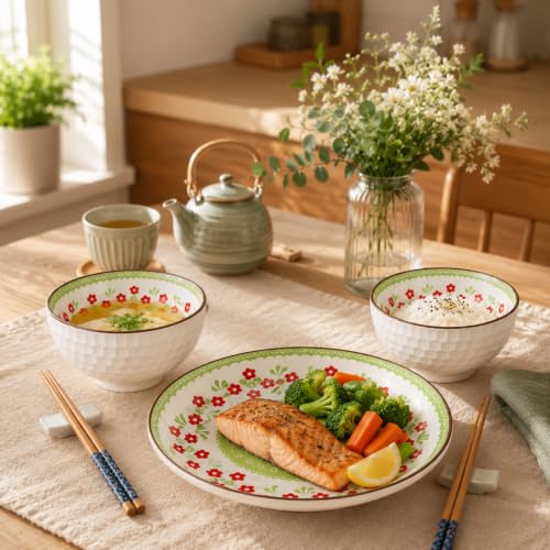 Image of Ceramic Dinnerware Set, Japanese Asian Cuisine Bowls and Plates for Dinner, Rice, Soup, Dessert, Salad, Gift Box Packed Dinner Set (Green, Pack of 5)