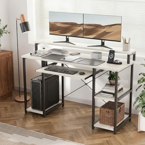 Image of TEKAVO Trio Computer Table for Home Pc | Office Table for Home with Monitor Riser and Keyboard Tray, Laptop Table, Work Table, Study Table, Modern Workstation | White Wood, Metal,(150x60x 75 cm)