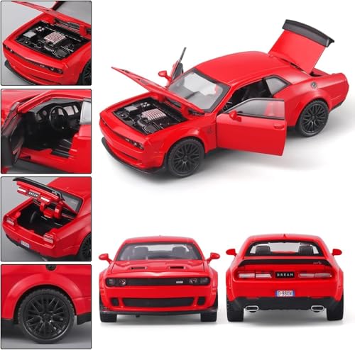 Image of Alokik Enterprise 1:32 Scale Dodge Challenger Hellcat SRT Diecast Car Models Toys Metal Alloy 2 Openable Door and Sound & Light, Pull Back Toys Gifts for Boys Best Gift Car (Red)