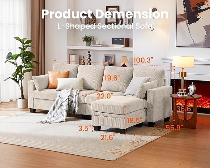 Image of CHIC HOUSE Modular Sectional Sofa with Storage Ottomans, Corduroy Cloud Couch for Small Spaces & Apartments, Reconfigurable L /U Shaped Convertible Corner Sofa, Beige, 5 Seater Sectional