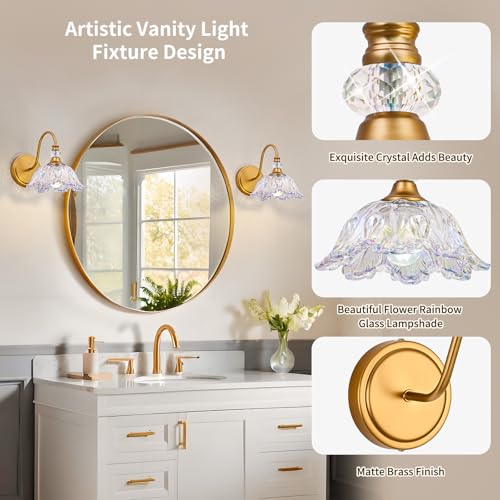 Image of 1 Piece Vintage Wall Sconce with Floral Rainbow Glass Shade, Matte Brass Finish Wall Mount Lighting for Bathroom,Vintage Bathroom Vanity Light Fixtures