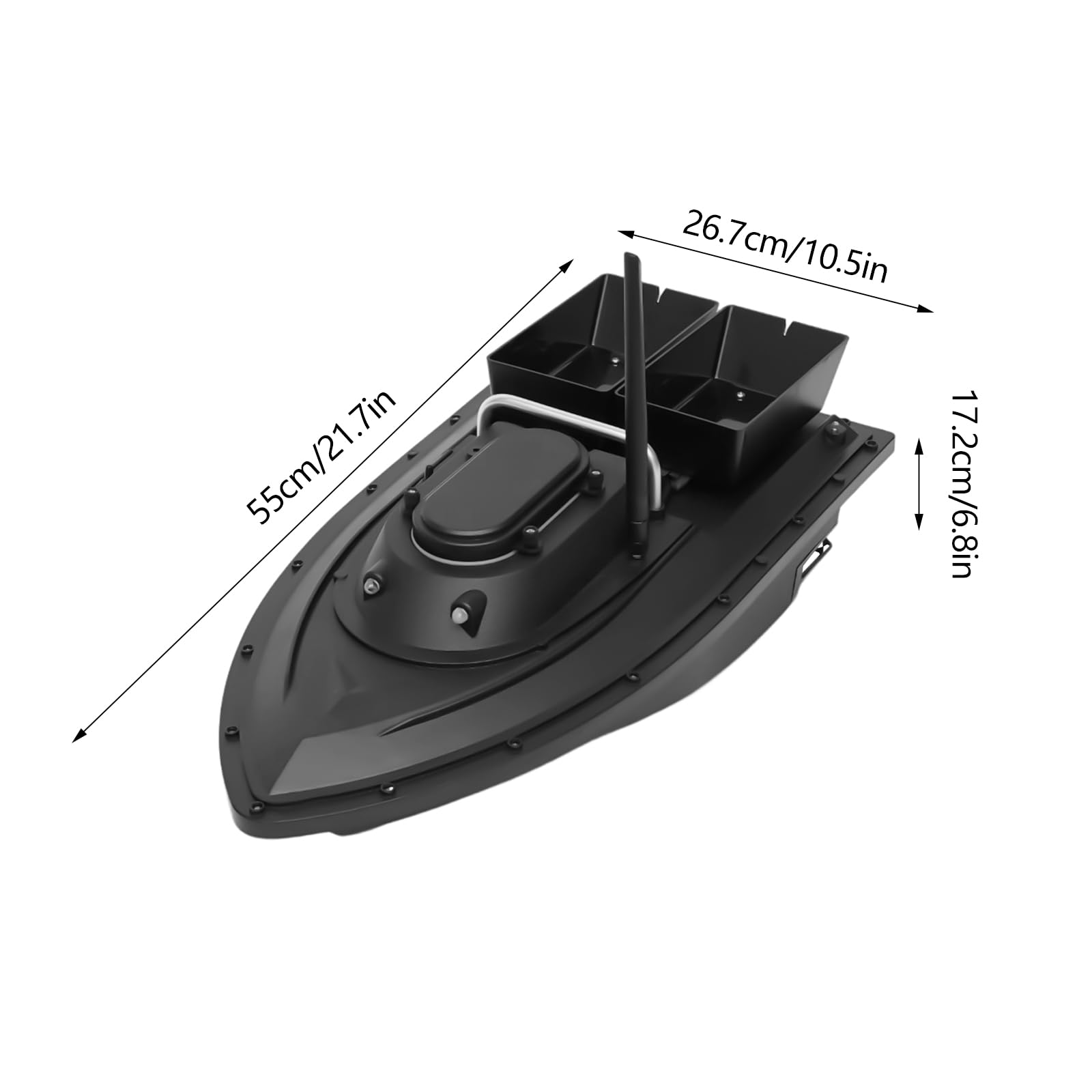 Barca per mangimi radiocomandata da 500 m, barca per mangimi radiocomandata, 2 esche con faro di ricerca e batteria da 5200 mAh, portata 2 kg, colore: nero