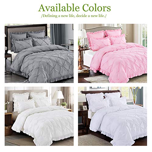 Hig 5 Piece Comforter Set Queen-Pink Color Microfiber Pinch Pleat Scallop Fringe-Hania Bedding Collection Queen Size-Soft, Breathable,Fade Resistant-1 Comforter,2 Standard Shams,2 Euro Shams #TOP4