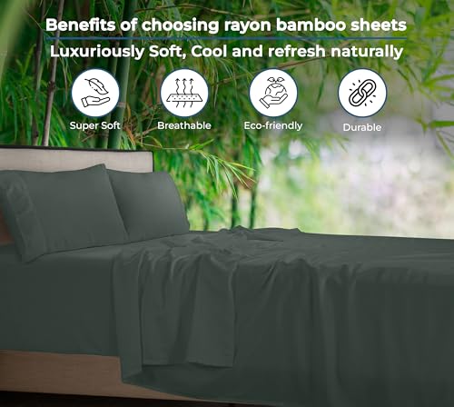Image of Royale Linens Bamboo Viscose Queen Sheet Set - Cooling Bed Sheet Set - 1 Fitted, 1 Flat & 2 Pillowcase - Fits Up to 16 inch - Organic Viscose Derived from Bamboo - Bedding Sheet & Pillowcase (Queen, Grey)