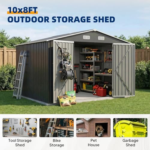 Image of UDPATIO 10X8 FT Outdoor Storage Shed, Metal Shed for Patio&Garden,Grey | All-Weather,Sloping Roof,Lockable Door,Air Vent,Upgraded Full-Frame Structure,Patio,Lawn,Garden,Backyard,Bicycle,Tool,Bicycle