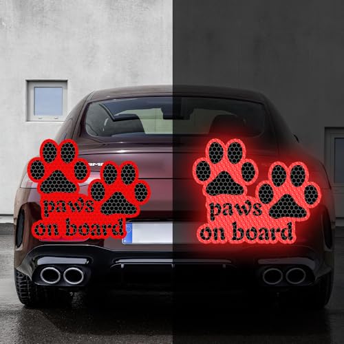 Image of 2pcs Reflective Paw Print Decal Dog Paws on Board Car Window Sticker Safety Warning Sign Stickers Funny Reflective Vinyl Stickers for Car Motorcycles Laptop (Red)