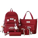 Conjunto de Mochila Escolar 5 Peças, Estilo Kawaii Coreano, Mochila Grande Capacidade com Pingentes, Kit Estudantil (Marsala)