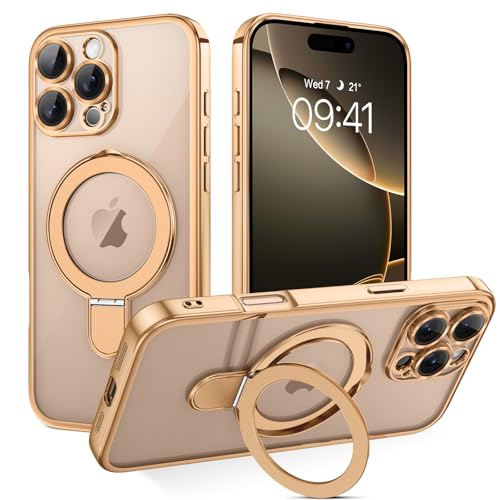 BENTOBEN Magnetic Case for iPhone 16 Pro Invisible Ring Stand Clear Back Soft TPU Plating Edge Military Grade Protection Shockproof Cover for iPhone 16 Pro Desert Titanium