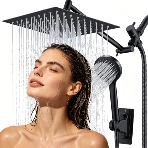 Peicuai Shower Head Combo 10-Inch High-Pressure Rainfall Shower Head with 11-Inch Adjustable Extension Arm 5-Setting Matte Black Handheld Shower with Long Hose Powerful Spray for Low Water Pressure