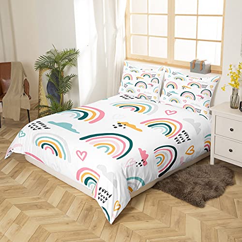 Erosebridal Rainbow Duvet Cover Twin Cartoon Rainbow Bedding Set For Kids Girls Boys Nursery Hand Drawn Iridescent Print Comforter Cover Colorful Clouds Love Heart Decor Quilt Cover 1 Pillow Case #TOP1