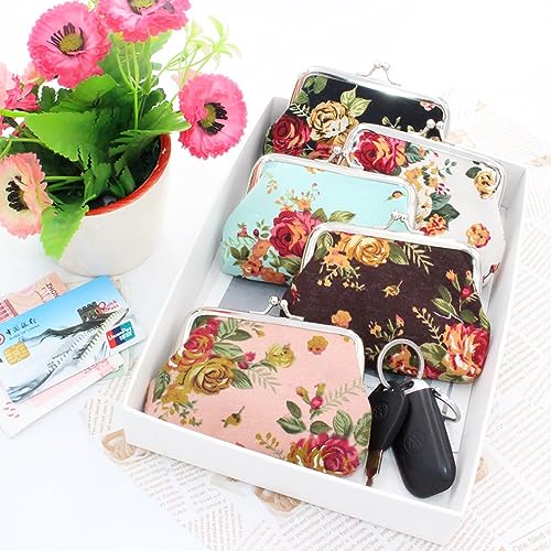 4 Pcs Canvas Floral Coin Purses Women Girl Gift Bag with Clasp Kiss Lock Clasp Change Pouch Mini Flower Coin Wallet Vintage Trinkets Pouch2