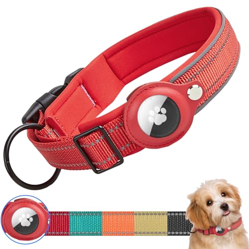 Ledeak Taktisches AirTag Hundehalsband, Wasserdicht Integriertes Apple AirTag Halter Reflektierendes Hunde Halsbänder, Gepolstertes Hundehalsband für Kleine, Mittlere und Große Hunde (Rot, M)