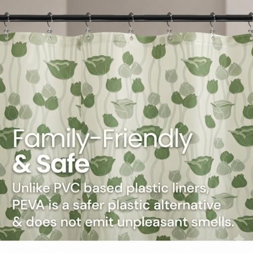 Image of Shower Curtain 7 Feet | Waterproof PVC Printed Bathroom Curtain with 8 Rings | Transparent Stone Print Bathtub Curtain | Long Bathroom Liner, Waterproof & Easy to Clean (Dark Green,Pack of 1)