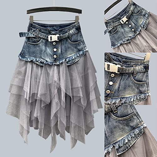Women Denim Mesh Patchwork Lace Skirt High Waist A Line Asymmetric Frill Tulle Gothic Skirts Mini Denim Skirt2
