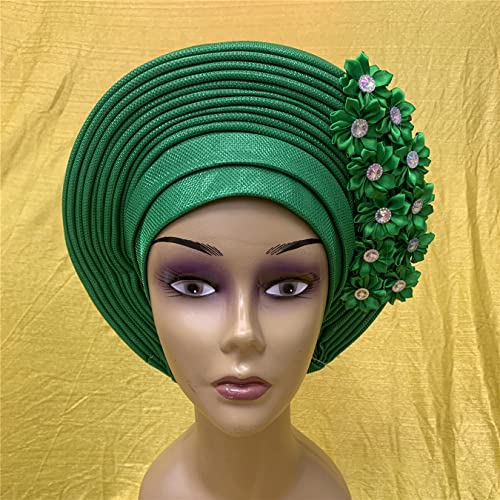 African Headties Nigerian Auto Gele Headtie Already Made With Stones Turban Caps For Women Head Wraps Headbands (Dark Green) by SugeGasa - Image 3