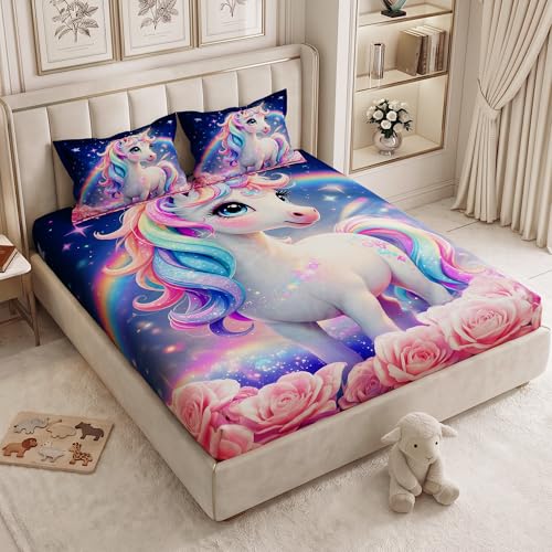 Image of 240 TC Cotton Double Bedsheet for King Bed (225x250 Cm) | 7D Digital Printed Double Bedsheet with 2 Pillow Covers | Soft, Wrinkle Packaging - Unicorn