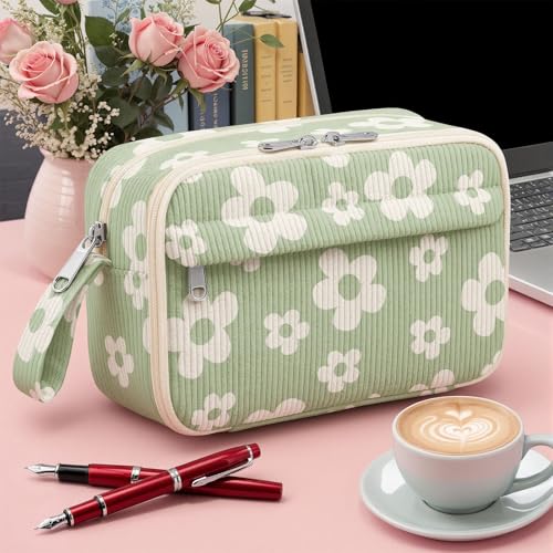 Image of WOBAGMEN Cute Pencil Case,Large Corduroy Zippered Pencil Case Pouch, aesthetic Pencil Bag with Compartments, Pencil Pouch School Supplies (Cute Green Floral)