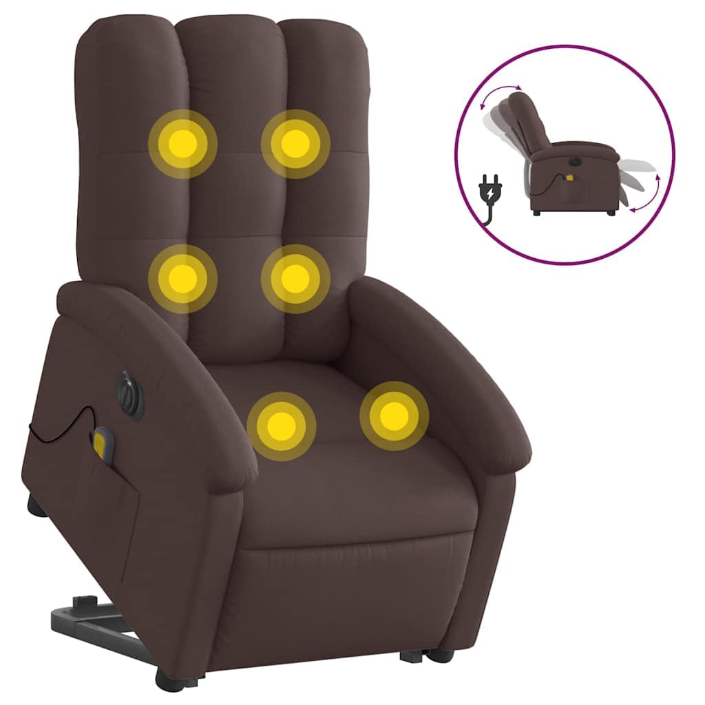 Sillón elevador eléctrico reclinable con 6 puntos de vibración, tejido marrón oscuro, función elevación e inclinación 135°, marco estable, cómodo