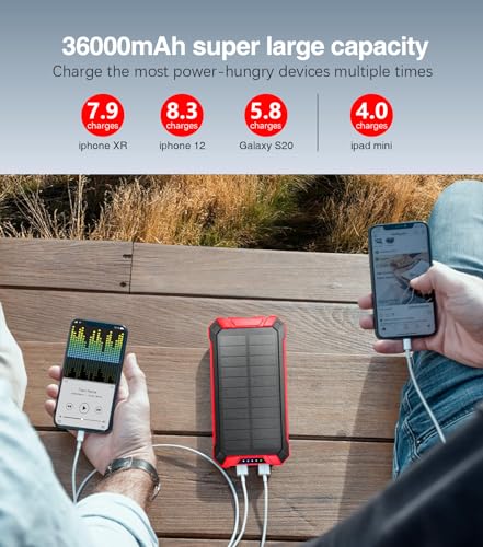 Image of GOODaaa Power Bank Wireless Charger 36000mAh Built in 4 Cables Six Outputs 15W Fast Charging Power Bank for All Mobile Devices Three Inputs Solar Portable Charger with Dual Flashlights, Carabiner