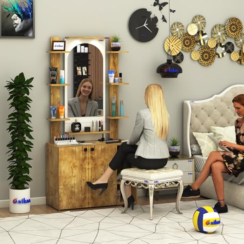 Image of Anikaa Venza Engineered Wood Dressing Table with Wall Mounted Mirror & LED Lights Open Shelf | Makeup Vanity Storage Cabinet with Soft Closed Hinge Door for Bedroom -(Giantwood /White) DIY Installation