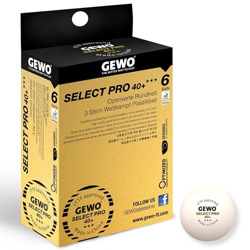 GEWO Select PRO Tischtennisbälle - 3 Sterne Tischtennis-Ball aus Plastik 40+ mit Naht - ITTF-zertifizierte Wettkampf Bälle - 6 hochwertige Profi-Tischtennisbälle, 40+mm Durchmesser, weiß