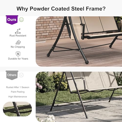 Image of PURPLE LEAF Porch Swing with Adjustable Tilt Canopy 3-Seat Patio Swing with Stand and Metal Steel Frame All-Weather Outdoor Swing Chair Seat for Backyard Garden Deck Balcony (Cream)