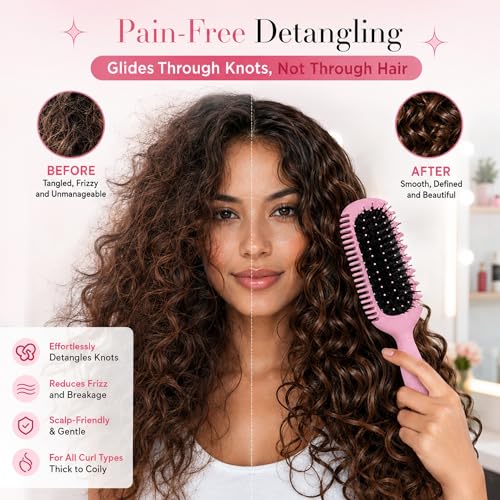 Image of Curl Define Styling Brush - Nylon Detangling & Curl-Defining Hair Brush for Curly, Wavy & Frizzy Hair - Paddle Brush with Wide Tooth Comb for Men, Women & Kids (Pink)