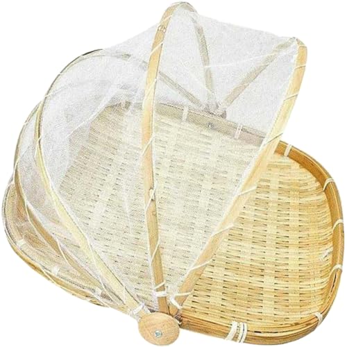 SOLUSTRE Woven Food Serving Tent Basket with Mesh Cover Picnic Storage for Fruits Vegetables and Bread Ventilated for Outdoor Gatherings
