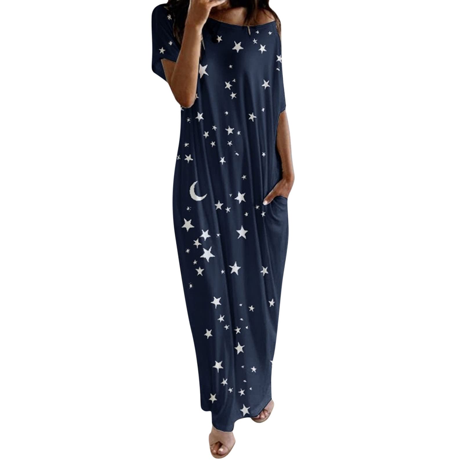 WWricotta Vestido Largo de Dormir Informal con Hombros Inclinados y Estampado de Estrellas de Manga Corta para Mujer Camisola Larga Playa Mujer