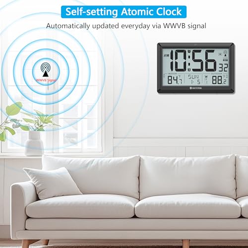 Atomic Clock Wall with Indoor/Outdoor Temp & 10.5" Large LCD Display, Black - Image 4