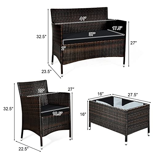 Goplus 4-Piece Rattan Patio Set, Outdoor/Indoor Wicker Conversation Set for Pool, Backyard, Lawn, Wicker Chairs and Sofa with Soft Cushion, Rattan Furniture with Tempered Glass Coffee Table - Image 3