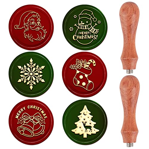 CRASPIRE Christmas Wax Seal Stamp Set 6pcs Removable Brass Stamp Heads with 2pcs Wood Handle for Wedding Invitations Envelope(Santa Claus Snowman Snowflakes Socks Merry Christmas Bells Xmas Tree Elk)