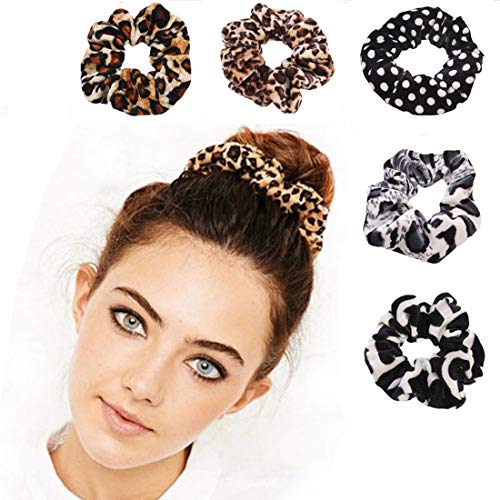 Wbfwbb 5 Pcs Cheetah Scrunchie Hair Scrunchies Velvet Elastic Hair Bands Scrunchy Bobbles Soft Hair Ties Ropes Scrunchie for Women or Girls Hair Accessories - 5 Leopard Assorted Color Scrunchies