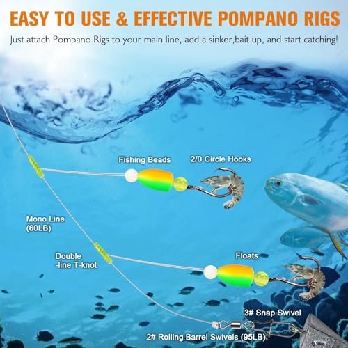 Dovesun Pompano Rigs for Surf Fishing Rigs Unique T-Knot Pompano Rigs Saltwater Floats Strong Pre-Rigged Surf Fishing Gear & Tackle Bullet Float(2colors)*2/0 Hook*10PCS