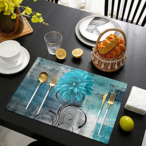 Placemats Set Of 6, Aqua Dahlia Pinnata Floral Placemats For Dining Table, Modern Art Abstract Teal Aqua Cotton And Linen Table Mats Washable For Kitchen, Party, Wedding Decor, 13 X 19 Inches #TOP3
