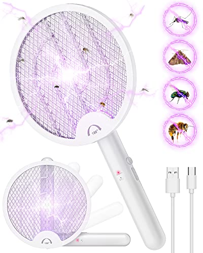 WOCVRYY Raqueta Mosquitos Eléctrico Plegable 4000V Recargable Mosquito Killer Trampa Mosquitos Portátil con 5 Capas Malla de Seguridad con Base y Soporte de Pared Adecuado para Interior y Exterior