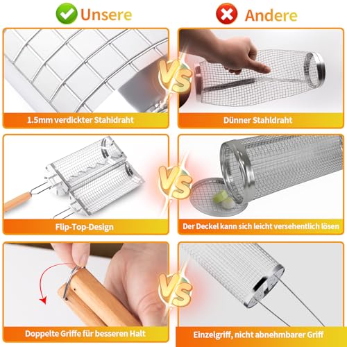 Leerweii 2 Stück Grillkorb Edelstahl mit Doppelten Holzgriffen, Seitlich zu öffnendes Design Rollengrillkorb mit Reinigungsbürste Grillzubehör für Außengrill für Gemüse Fleisch, Geschenke für Männer