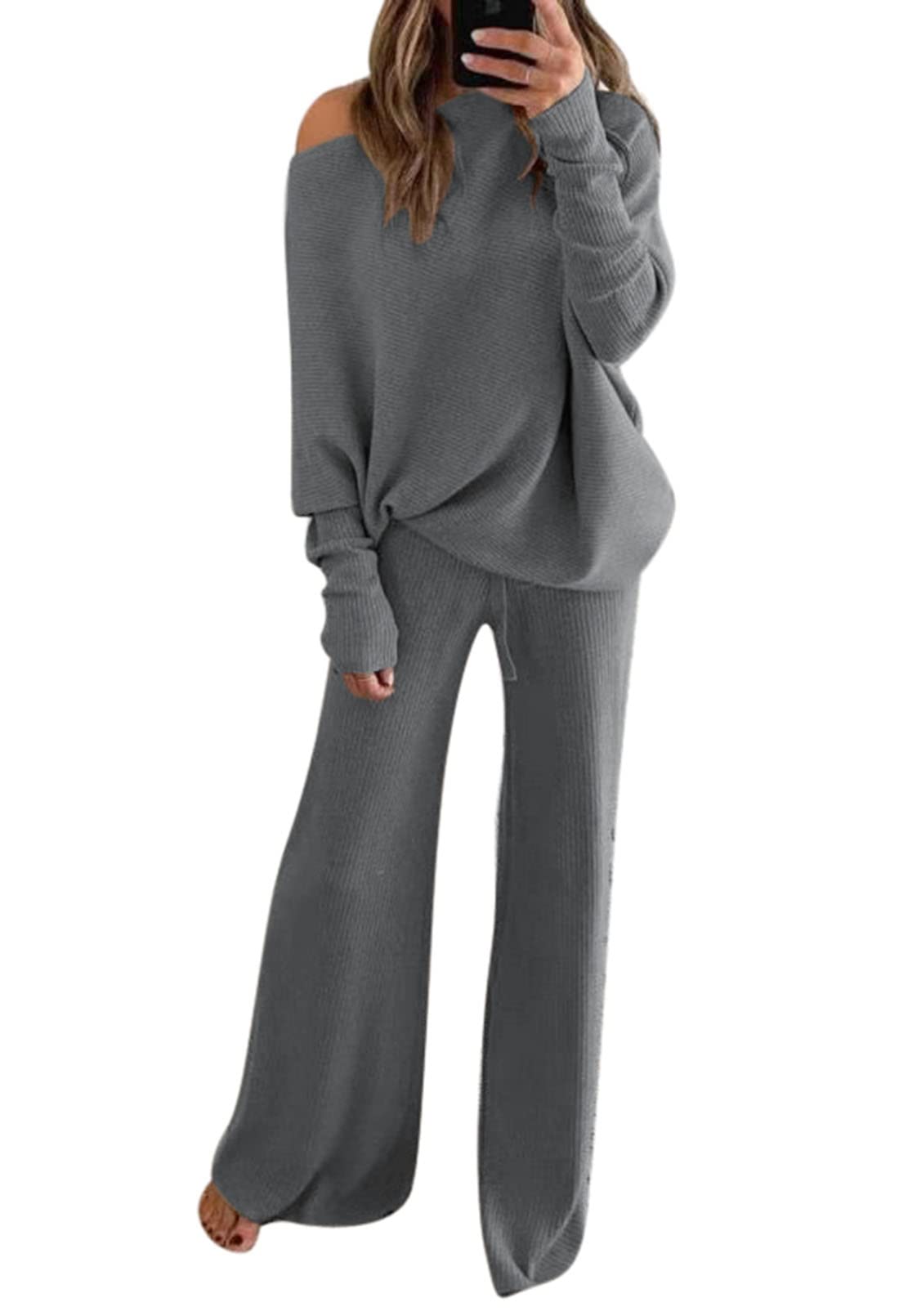 Fall 2 Piece Knitted Outfit for Women Bare Shoulder Loose Sweater Top with Pants Knit Sweatsuit Sets Green L