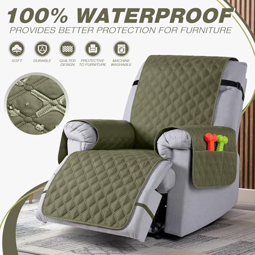 Image of TAOCOCO 100% Waterproof Recliner Covers, Recliner Sofa Covers with Leg Straps, Reversible Recliner Couch Cover for Reclining Chair, Washable Couch Protector for Pets Kids(1 Seater 22 inch, Gray Green)