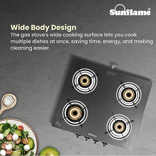 Sunflame Crystal Nova 4 Burner Gas Stove | Dual Drip Trays | 1 Jumbo, 1 Medium and 2 Small Brass Burners | 2 Year Product Coverage by Sunflame |... - Image 7