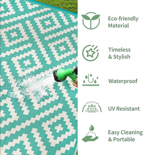 Image of GENIMO Outdoor Rug, Waterproof Plastic Rugs for Patio, 6'x9' Lakegreen | Outside Larger Modern Carpet Mat for Porch Decor, Deck, Balcony, Camping, RV, Backyard, Picnic, Beach, Reversible, Foldable