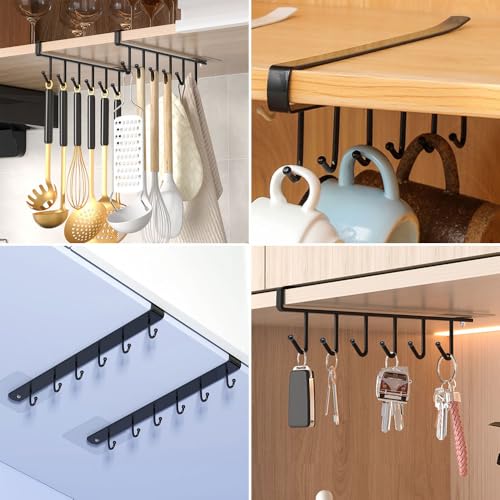 2 Pack Storage Mug Hooks Rack Under Cabinet Each with Fixed Sticker, 6 Hooks Cup Holder Hanger, Ties Belts Scarf Hanging Hook Rack, Mug Hook Hanger Under Shelf Without Drilling Kitchen Utensil Hanger - image 7