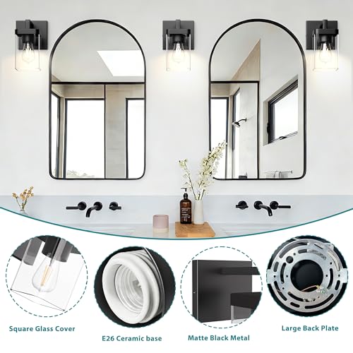 Image of Set of 2 Wall Sconce, Square Design Morden Bathroom Lighting Fixtures with Clear Glass Shade, Matte Black Wall Lights for Living Room /Bedroom /Hallway /Porch