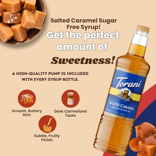 Image of Torani Sugar Free Salted Caramel Syrup 1 Liter Bottle with Pump Dispenser - Zero Calorie Flavored Coffee Syrup for Lattes, Cold Brews, Teas, Cocktails & Desserts - Keto Friendly