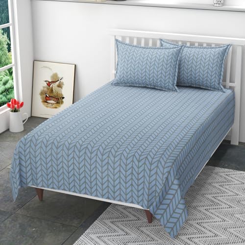 Image of Single Size Polycotton Flat Bedsheet Set - Printed, Wrinkle Free with 2 Pillow Covers (60 x 90 Inches | Aqua)