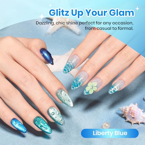 Image of Beetles Liberty Blue Cat Eye Gel Nail Polish Set - 6 Colors Summer Glitter Gel Polish Kit Mint Green, Icy Blue, Teal, Sapphire and Navy Shades, 3D Shimmer Effect DIY Salon Nail Art Gift for Women